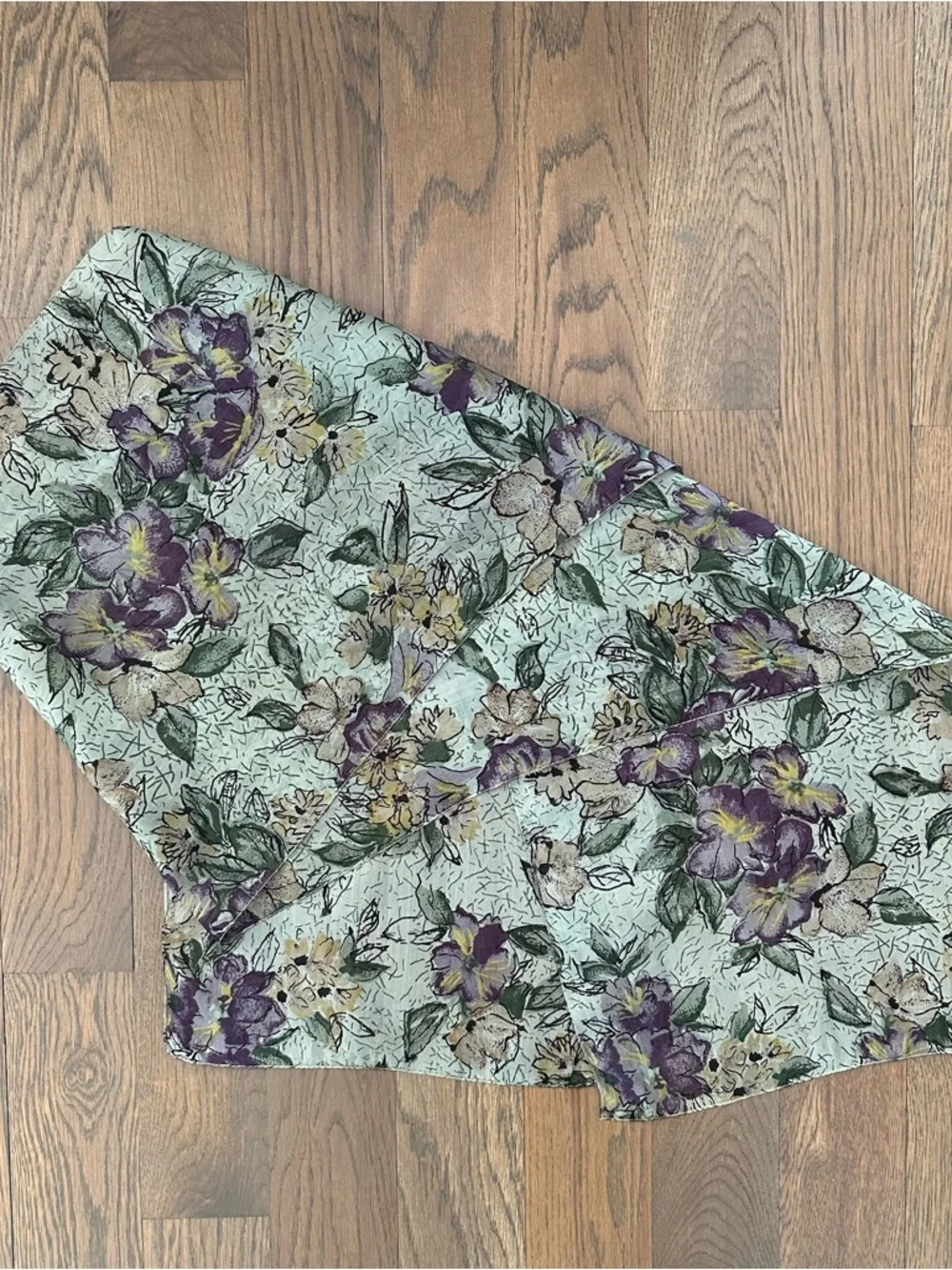 Vintage Floral Print 100% Silk Oblong Scarf in Sage Green, Black, Purple, 65